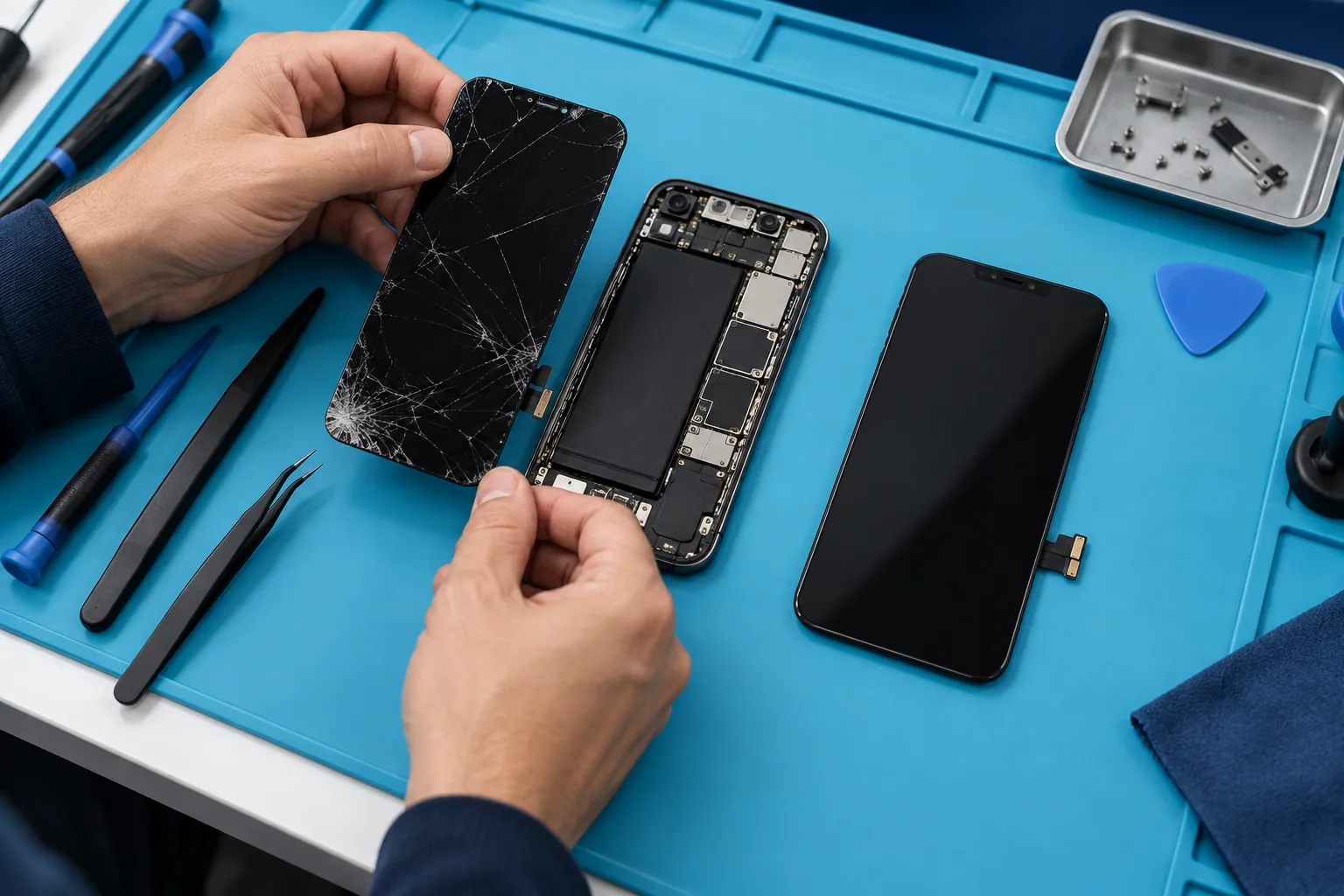 Illustration : remplacement d’un écran de téléphone cassé